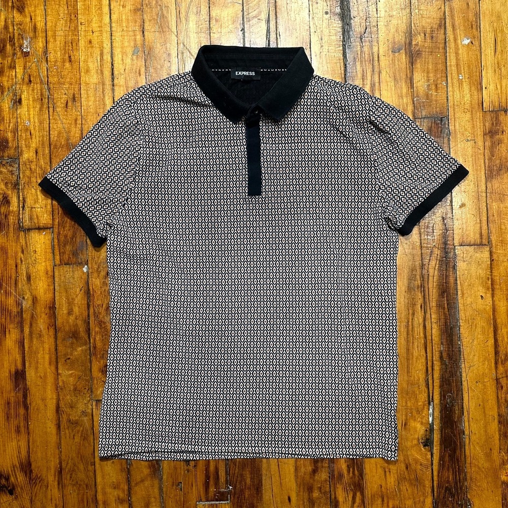 Express Polo Shirt Men Large Black White Geometric Short Sleeve Golf Performance